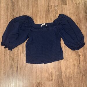 LOFT Dark Blue Smocked Blouse with Puff Sleeves